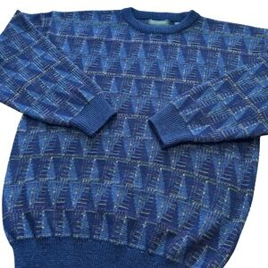 Vtg Hill & Archer Men Blue Geometric Knit Crewneck Sweater Acrylic Grandpacore M